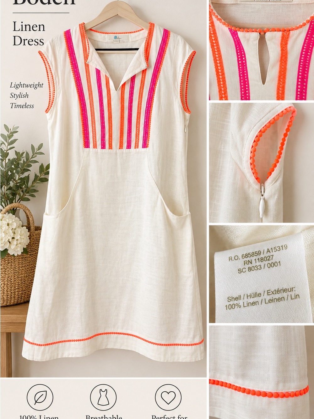 Boden Cream Linen Tunic Dress with Pink & Orange Embroidery size 10